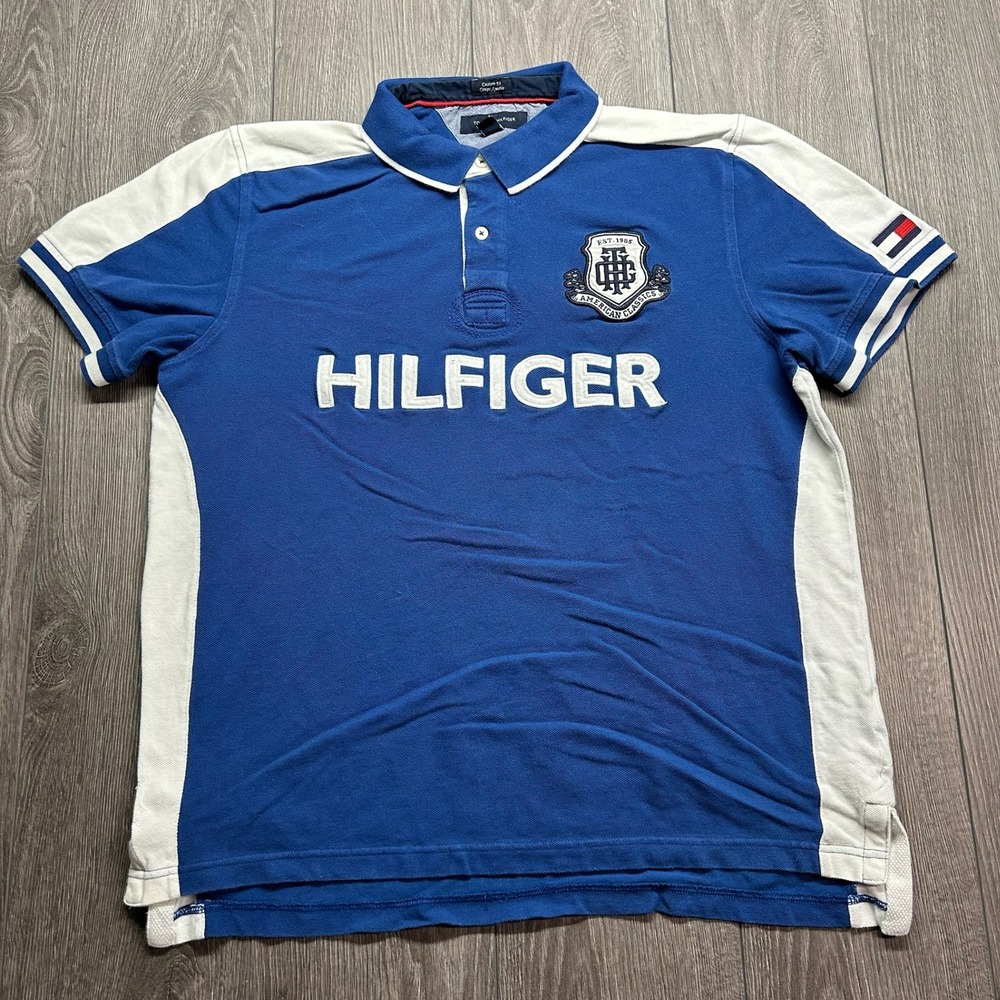Tommy Hilfiger Mens XL Blue Custom Fit Crest Logo Short Sleeve Polo Shirt